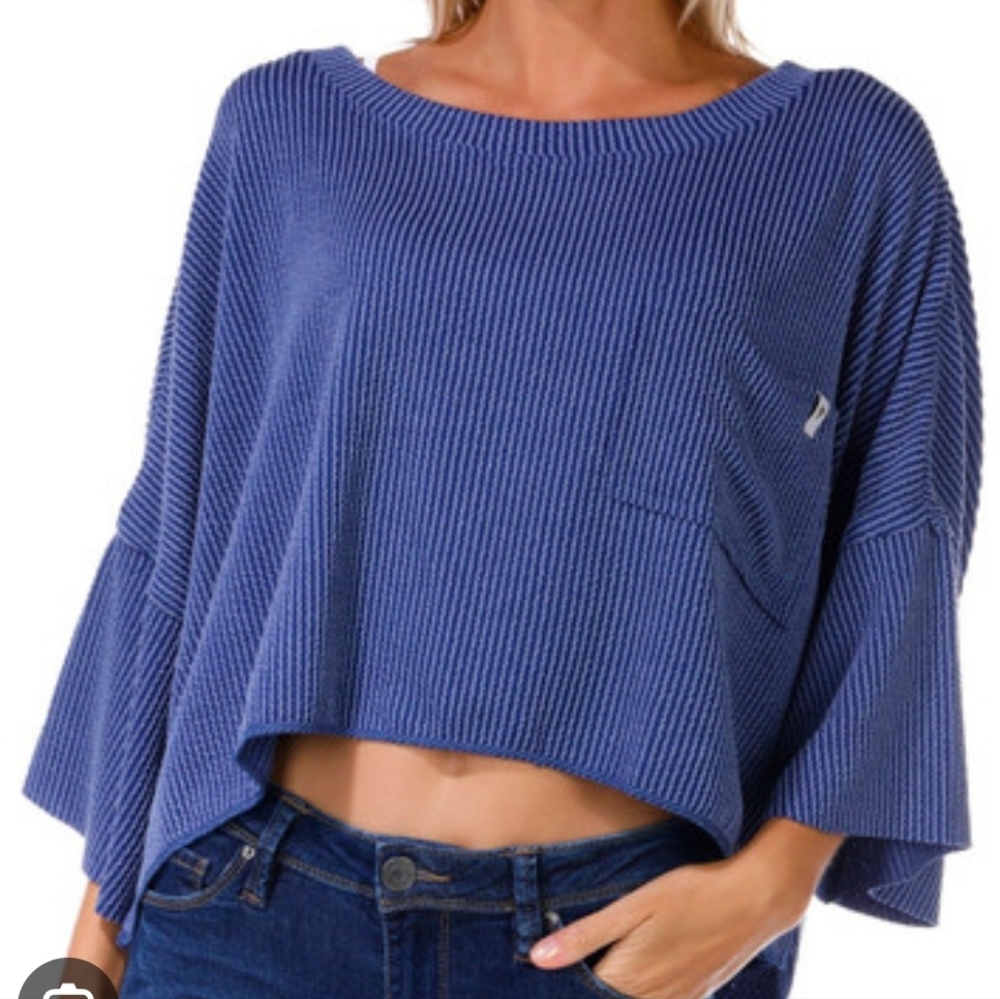 NWT Simply Southern Blue Ribbed Knit Oversized Cropped Pocket Tee